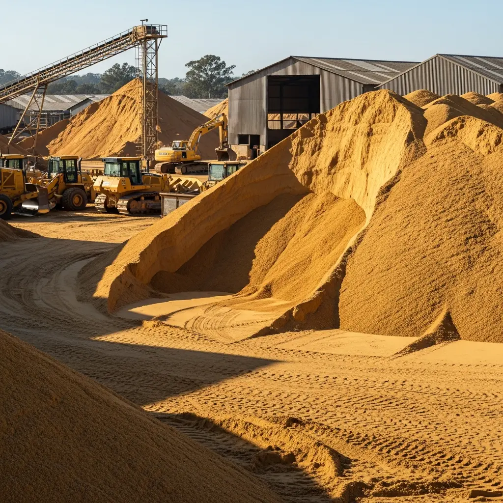 River sand stockyard with bulk piles and loading equipment.