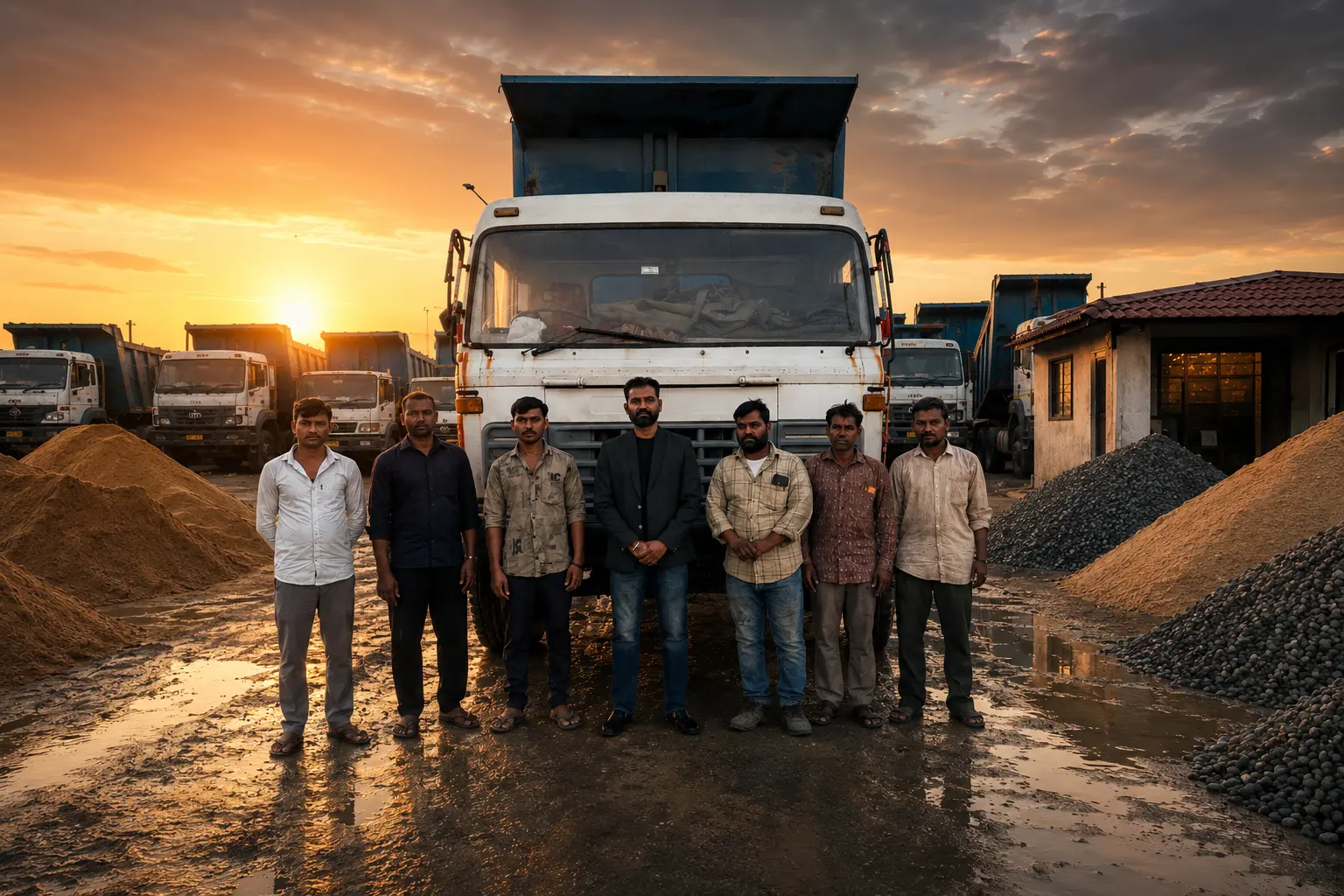 The Maan Enterprise team at the Prantiya Gaam yard, surrounded by tipper trucks and material stockpiles.